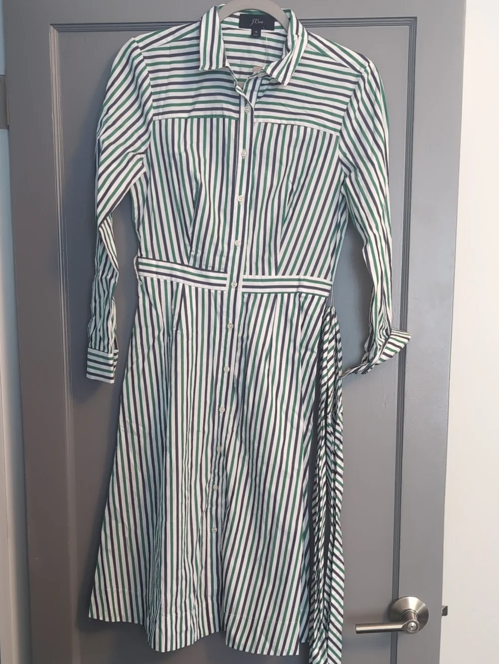 J. Crew Green and White Striped Long Sleeve Shirt Dress
